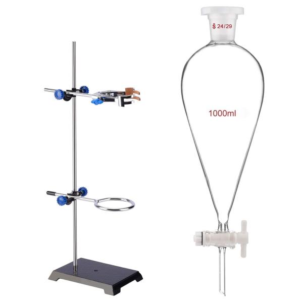 Separatory Funnel and Lab Stand Set Bundle, 1000 ml Conical Separatory Funnel and Iron Support Stand