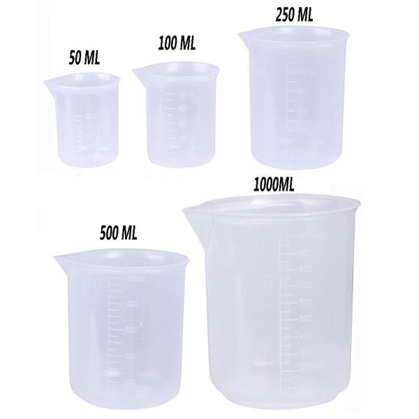 5 Sizes Plastic Beakers Measuring Cups Set(50, 100, 250, 500, 1000ML) and 24 Pcs Clear 3ml Graduate